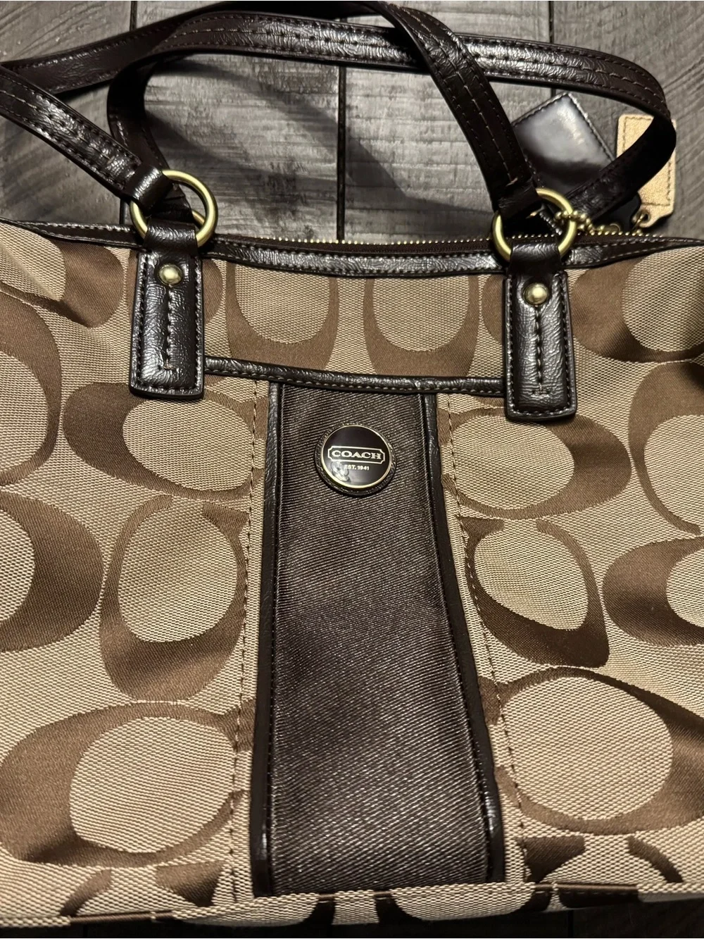 Coach Signature Canvas Shoulder Bag in Tan and Brown